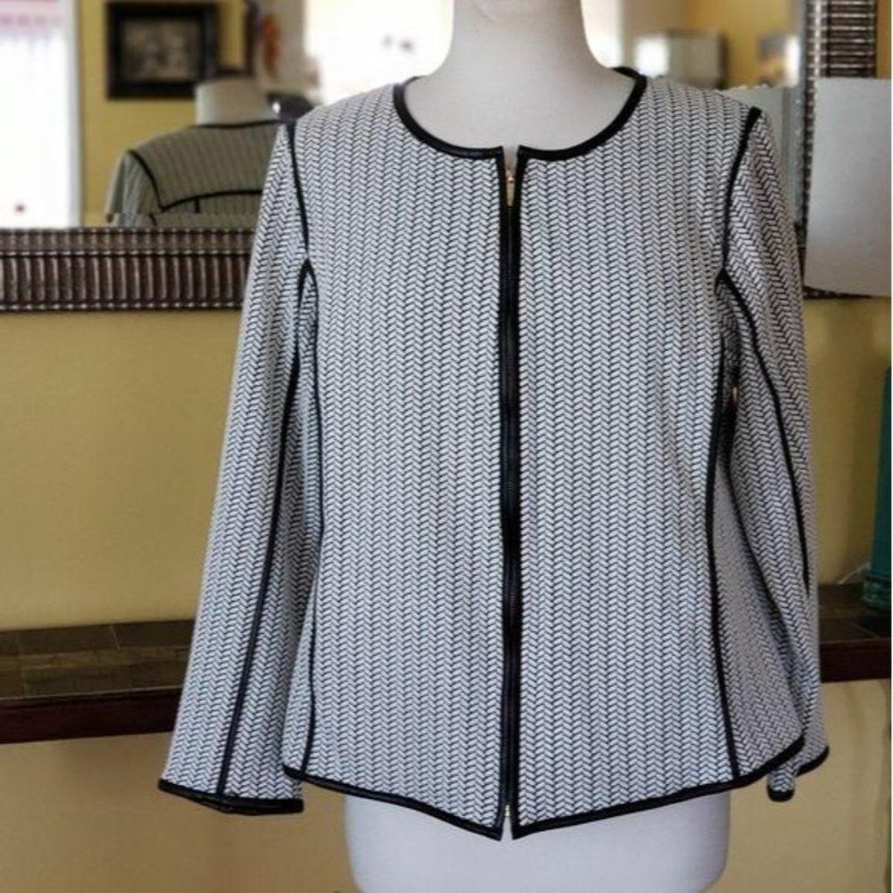 Calvin Klein Faux Leather Trim Paneled Long Sleeve Zip Front Jacket Women's OX